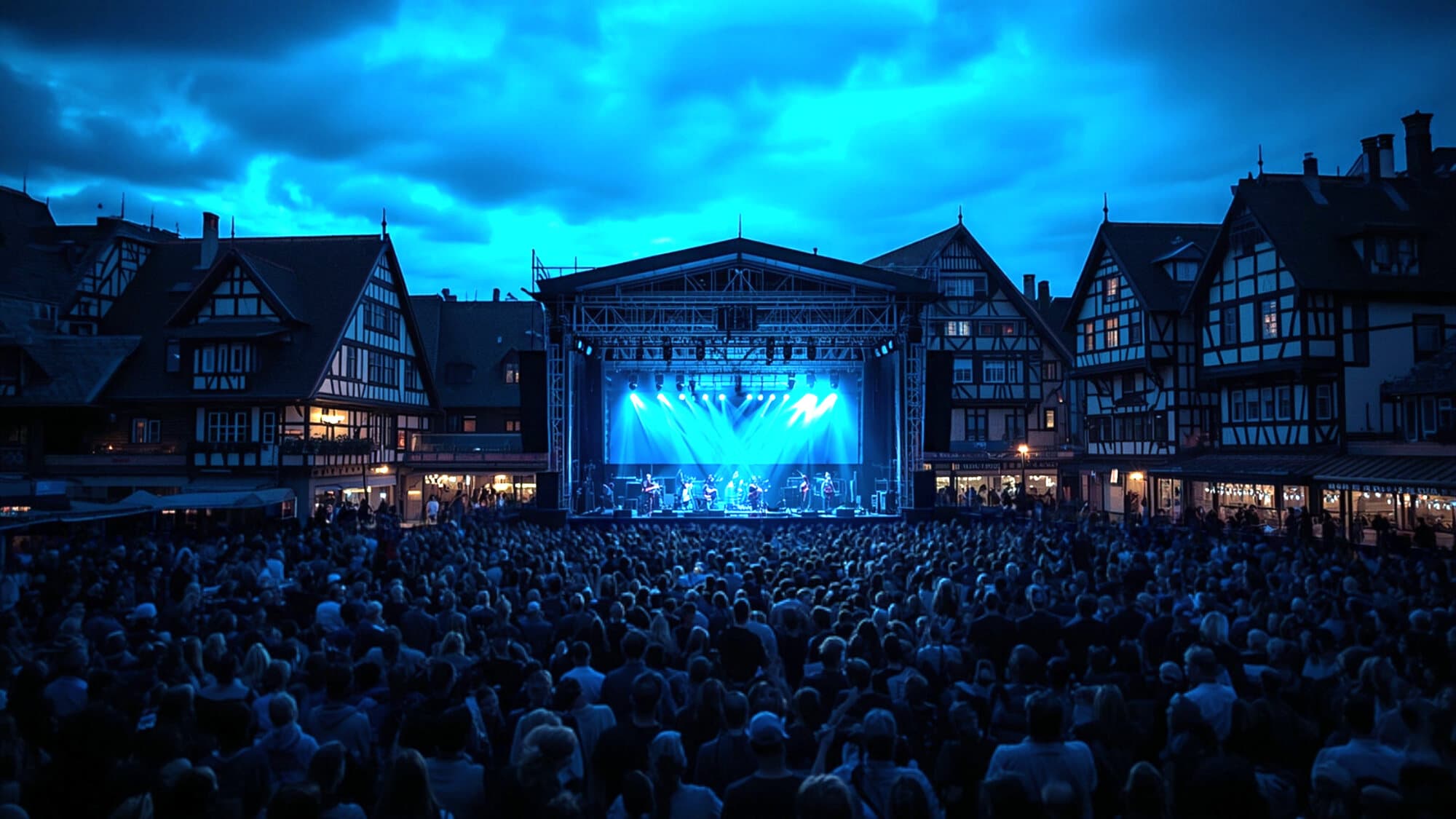 Open-Air-Bühne auf einem Marktplatz mit Fachwerkhäusern in der Dämmerung